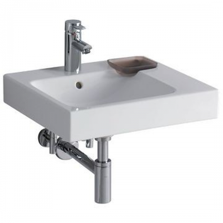 Geberit iCon washbasin with decorative dish: B=50cm, T=48.5cm, Tap hole=centred, Overflow=visible, Shelf space=right, white