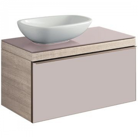 Geberit Citterio cabinet for lay-on washbasin, with one drawer: B=88.4cm, H=54.3cm, T=50.4cm, taupe / shiny glass, oak beige / wood-textured melamine