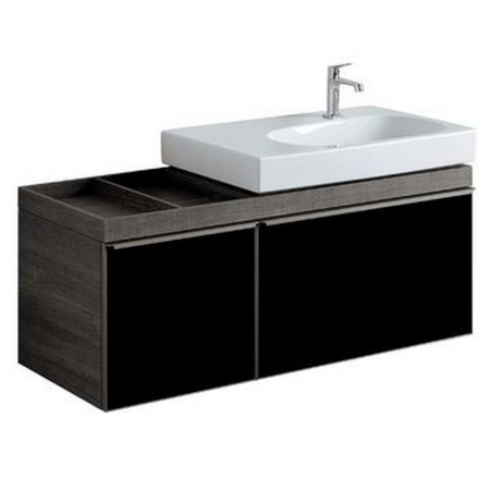 Geberit Citterio cabinet for washbasin, with two drawers and shelf surface: B=118.4cm, H=55.4cm, T=50.4cm, black / shiny glass, oak grey-brown / wood-textured melamine