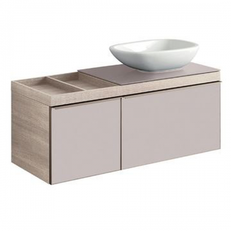 Geberit Citterio cabinet for lay-on washbasin, with two drawers and shelf surface: B=118.4cm, H=54.3cm, T=50.4cm, taupe / shiny glass, oak beige / wood-textured melamine