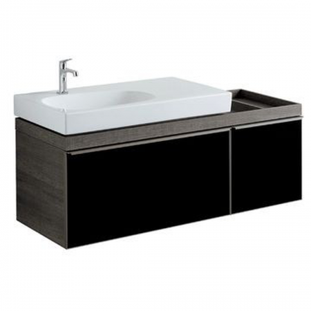 Geberit Citterio cabinet for washbasin, with two drawers and shelf surface: B=133.4cm, H=55.4cm, T=50.4cm, black / shiny glass, oak grey-brown / wood-textured melamine