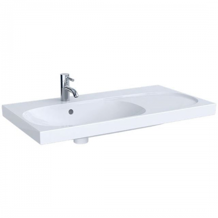 Geberit Acanto washbasin with right shelf surface, easy fastening: B=90cm, T=48.2cm, Tap hole=centred, Overflow=visible, Shelf space=right, white
