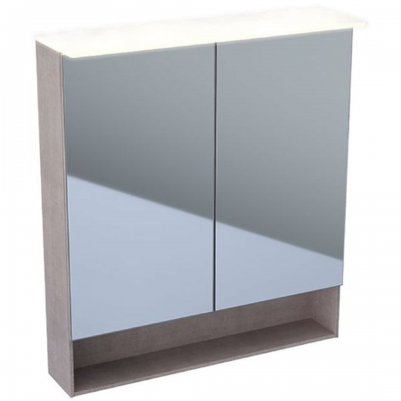 Geberit Acanto mirror cabinet with functional lighting, two doors: B=75cm, H=83cm, T=21.5cm, Plug type=CEE 7/16, mystic oak / wood-textured melamine, outside mirrored