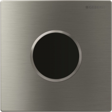 Geberit urinal flush control with electronic flush actuation, mains operation, Type 10 cover plate, round: Plate: brushed, easy-to-clean- coated, Design ring: polished