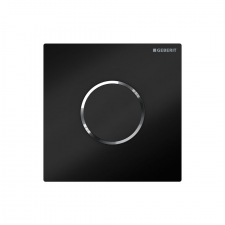 Geberit urinal flush control with electronic flush actuation, battery operation, Type 10 cover plate, round: Plate: black, Design ring: bright chrome-plated
