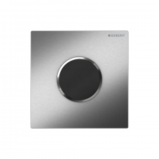 Geberit urinal flush control with electronic flush actuation, battery operation, Type 10 cover plate, round: Plate: brushed, easy-to-clean- coated, Design ring: polished