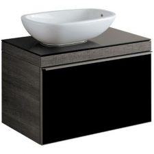 Geberit Citterio cabinet for lay-on washbasin, with one drawer: B=73.4cm, H=54.3cm, T=50.4cm, black / shiny glass, oak grey-brown / wood-textured melamine