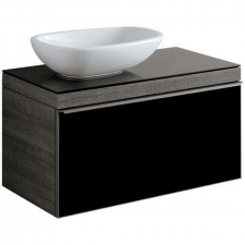 Geberit Citterio cabinet for lay-on washbasin, with one drawer: B=88.4cm, H=54.3cm, T=50.4cm, black / shiny glass, oak grey-brown / wood-textured melamine