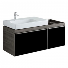 Geberit Citterio cabinet for washbasin, with two drawers and shelf surface: B=118.4cm, H=55.4cm, T=50.4cm, black / shiny glass, oak grey-brown / wood-textured melamine