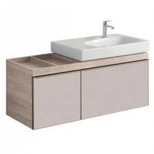 Geberit Citterio cabinet for washbasin, with two drawers and shelf surface: B=118.4cm, H=55.4cm, T=50.4cm, taupe / shiny glass, oak beige / wood-textured melamine