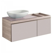 Geberit Citterio cabinet for lay-on washbasin, with two drawers and shelf surface: B=118.4cm, H=54.3cm, T=50.4cm, taupe / shiny glass, oak beige / wood-textured melamine