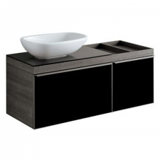 Geberit Citterio cabinet for lay-on washbasin, with two drawers and shelf surface: B=118.4cm, H=54.3cm, T=50.4cm, black / shiny glass, oak grey-brown / wood-textured melamine