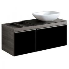 Geberit Citterio cabinet for lay-on washbasin, with two drawers and shelf surface: B=118.4cm, H=54.3cm, T=50.4cm, black / shiny glass, oak grey-brown / wood-textured melamine