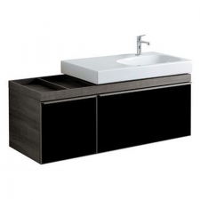 Geberit Citterio cabinet for washbasin, with two drawers and shelf surface: B=133.4cm, H=55.4cm, T=50.4cm, black / shiny glass, oak grey-brown / wood-textured melamine