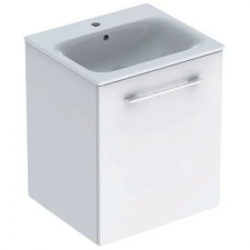 Geberit Selnova Square set of vanity basin, slim rim, with cabinet, one door: B1=58.8cm, T=50.2cm, Tap hole=central, Overflow=visible, white