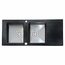 Double Bowl Glass Sink (Black), 90mm Waste Fitting x 2